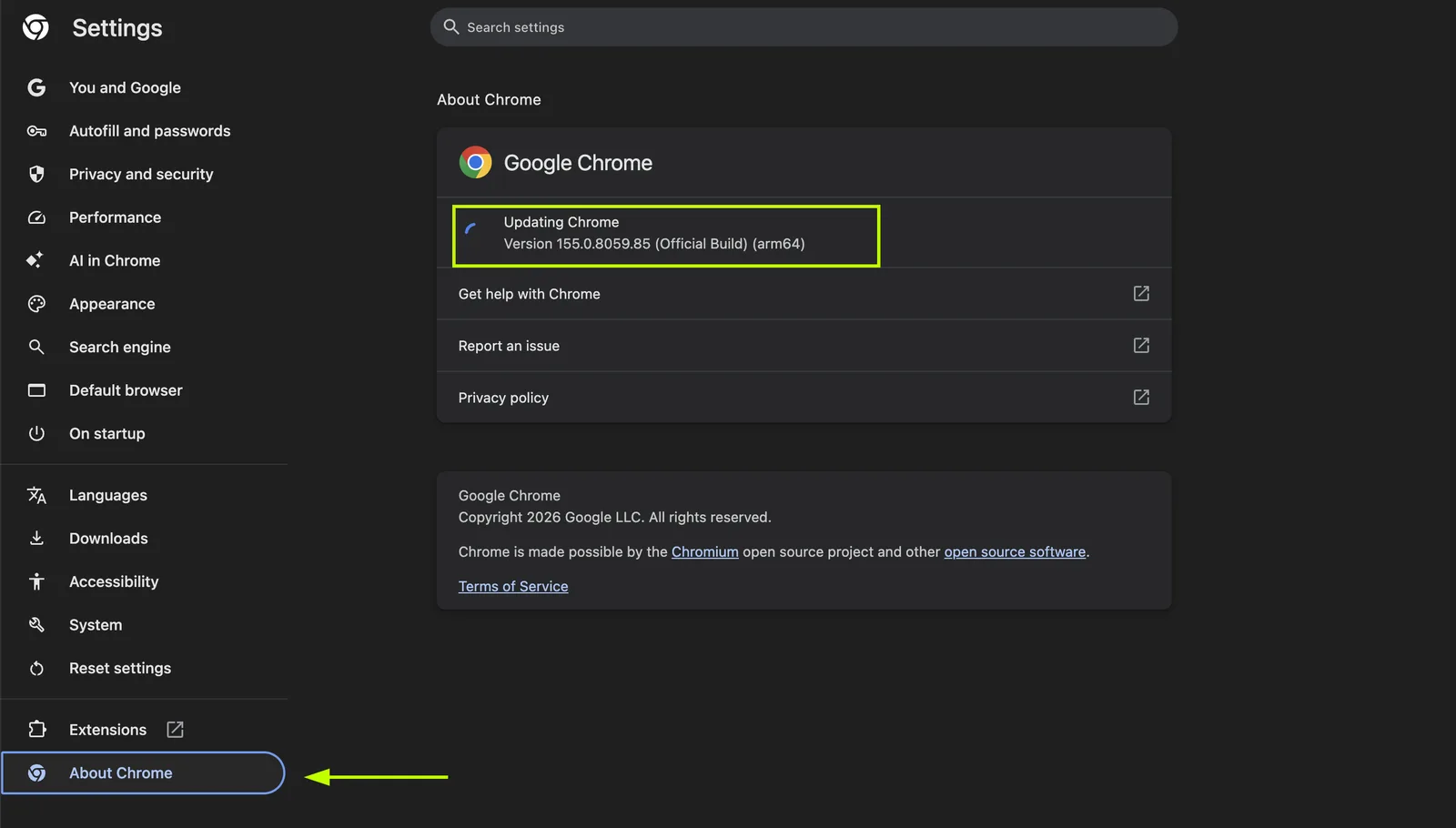Chrome’s About page showing the installed version