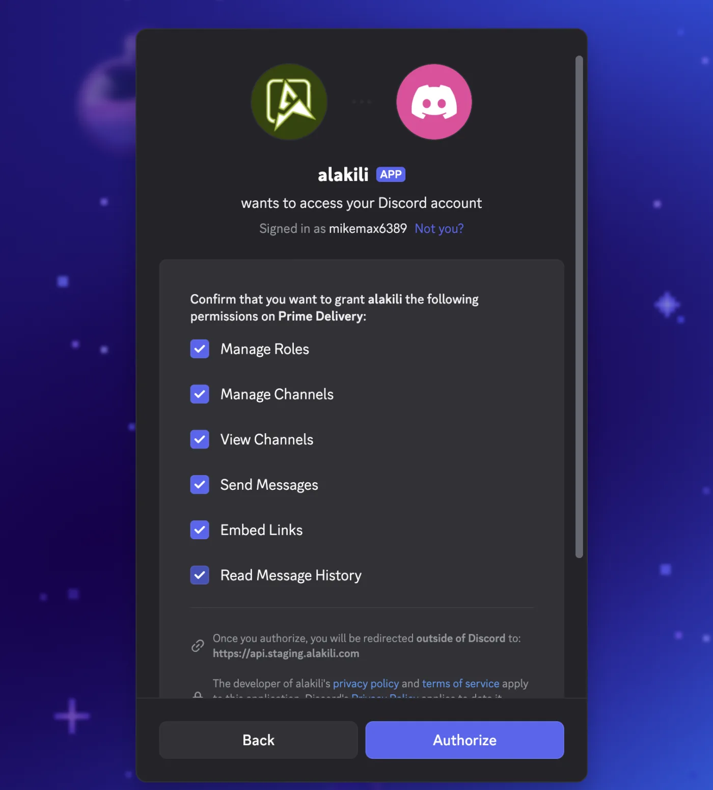 Discord’s authorization screen with a server picked and the Authorize button