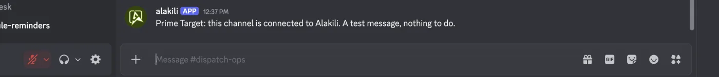 The test message from Alakili in a Discord channel