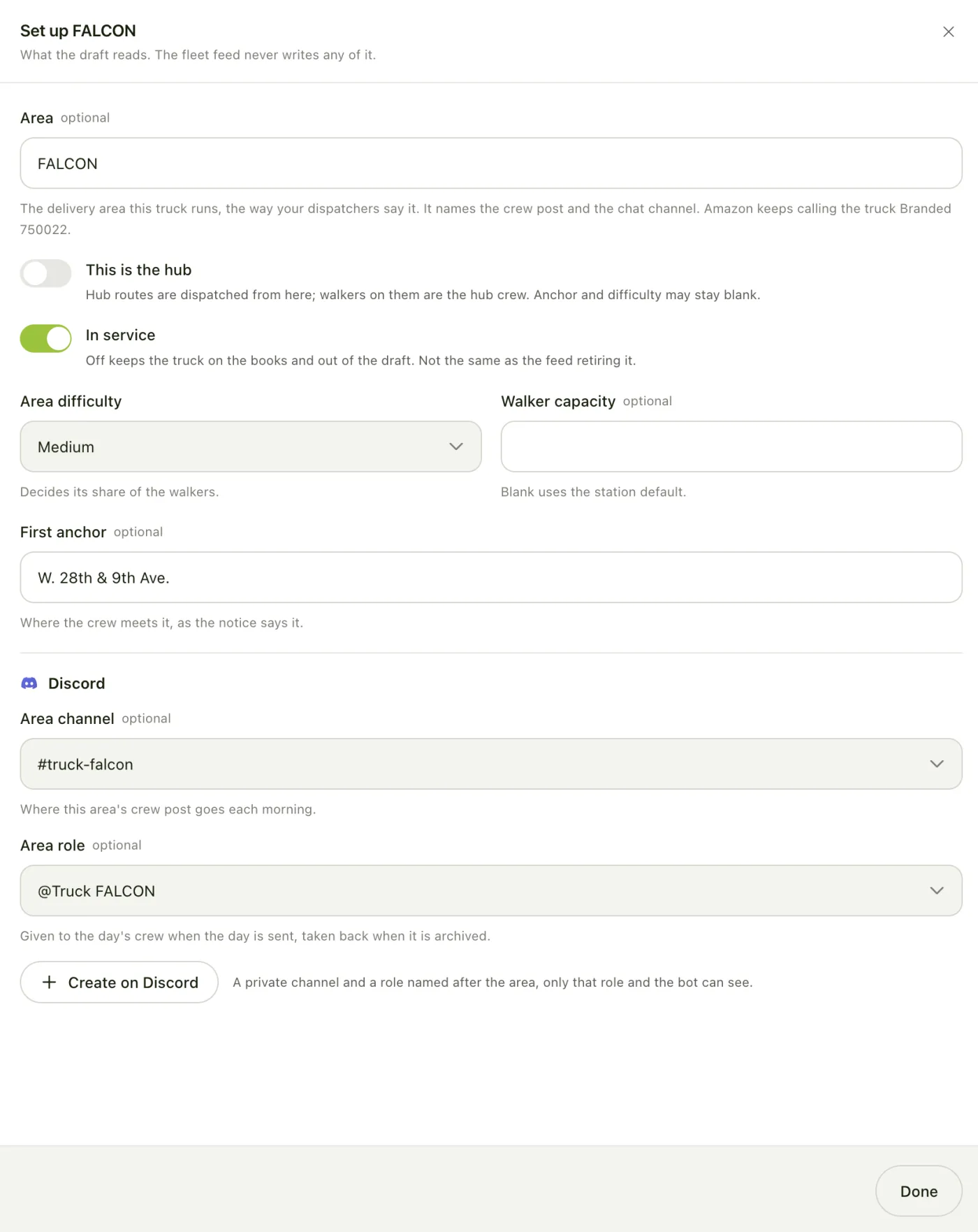 A truck’s Discord section with its channel and role set