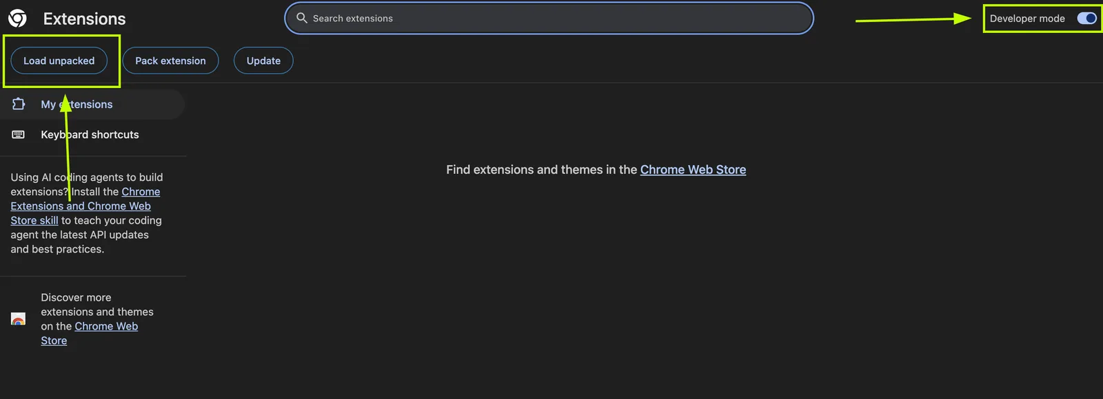 Chrome’s extensions page with Developer mode switched on