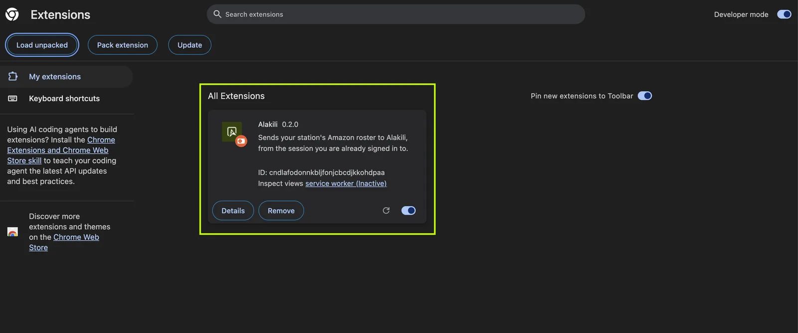 The Alakili extension card on Chrome’s extensions page