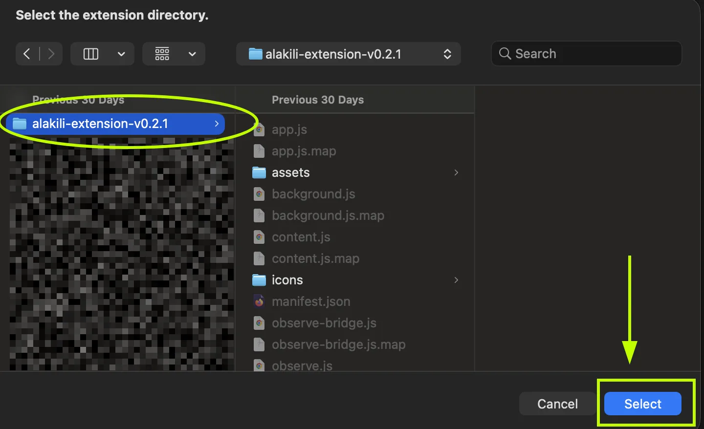 The folder picker with the Alakili extension folder selected