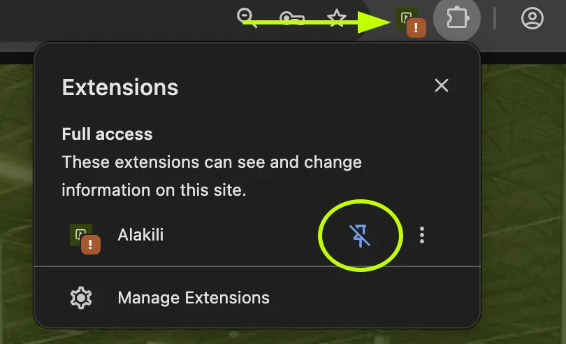 Chrome’s extensions menu with the pin next to Alakili