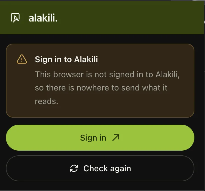 The Alakili extension asking you to sign in to Alakili