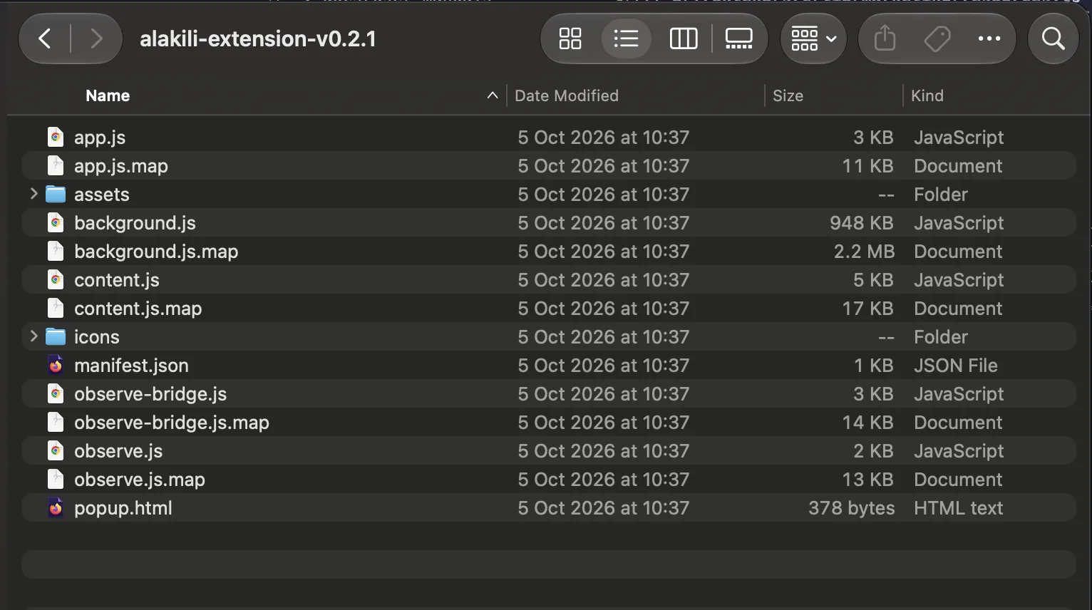 The unzipped Alakili extension folder, showing manifest.json